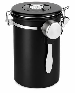 This sleek black canister is what we use in our vacation rentals to help keep coffee beans fresh and flavorful between stays. Designed with an airtight seal, CO2 valve, and built-in date tracker, it's equally useful for storing ground coffee, sugar, or tea while adding a clean, countertop-ready look.