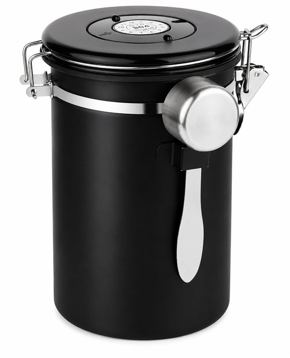 This sleek black canister is what we use in our vacation rentals to help keep coffee beans fresh and flavorful between stays. Designed with an airtight seal, CO2 valve, and built-in date tracker, it's equally useful for storing ground coffee, sugar, or tea while adding a clean, countertop-ready look.